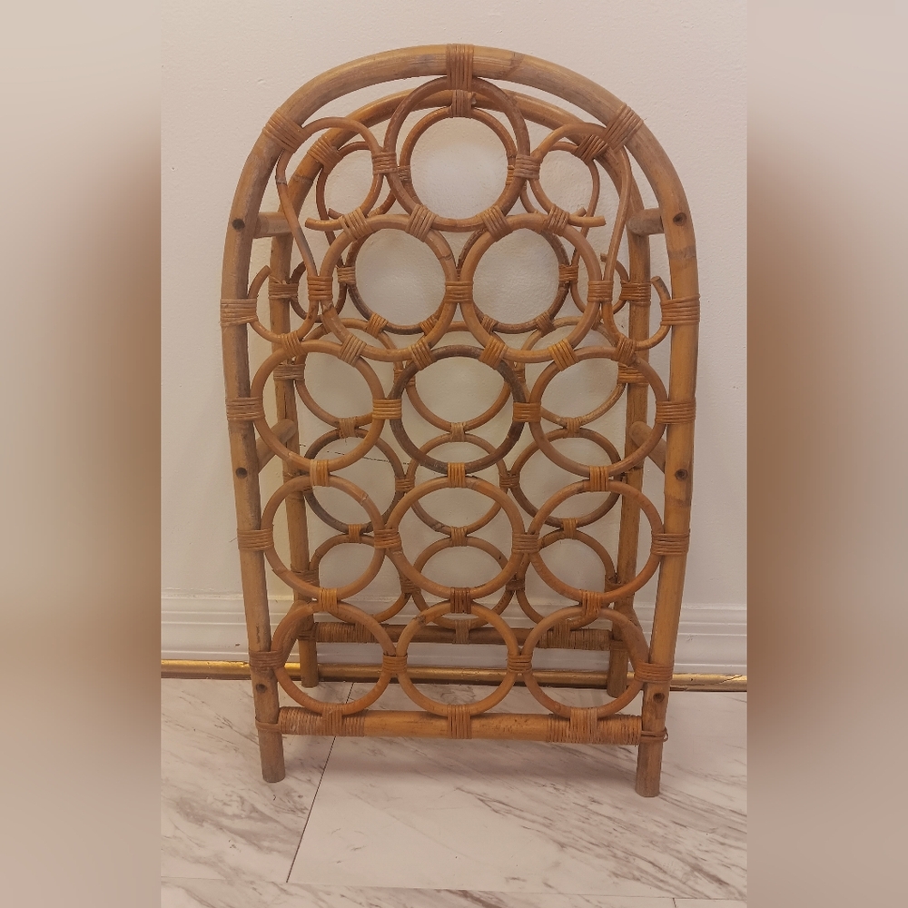 Vintage Bamboo Wine Bottle Rack 12 Bottle Holder Rattan Tropical Bar Storage